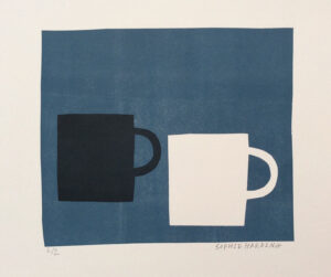 Black Cup and White Cup on Blue monoprint